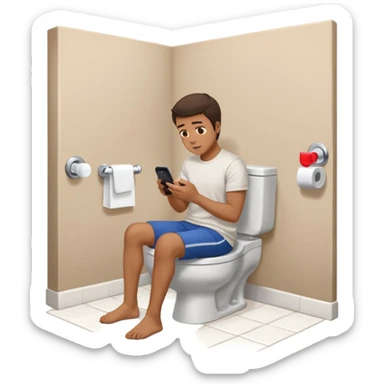 Man on toilet playing on phone while people wait to use bathroom sticker