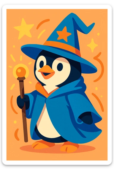 fun and whimsical style penguin dressed as a wizard, with a pointy hat and a magic staff sticker