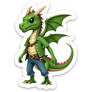 friendly anthropomorphised dragon in a band t-shirt and jeans with a pirate eye-patch walking upright, relaxed pose sticker
