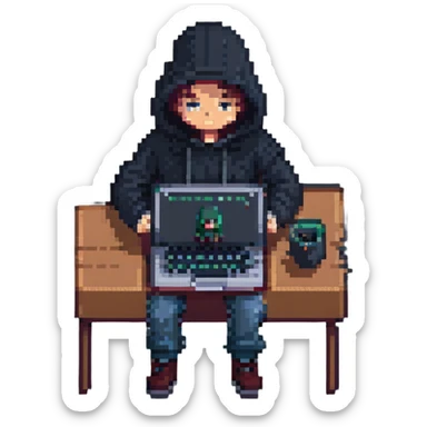 programmer in a dark hoodie, typing on a laptop, pixel art style sticker