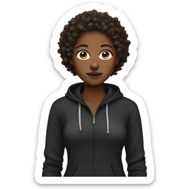 curly headed black woman with brown eyes and a black hoodie sticker
