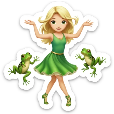 A blonde girl dancing with frogs sticker