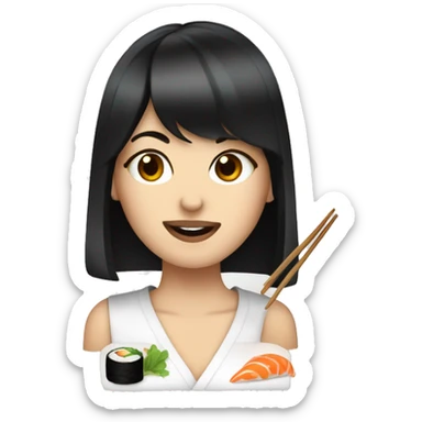 a black-haired white woman with bangs was chewing sushi sticker