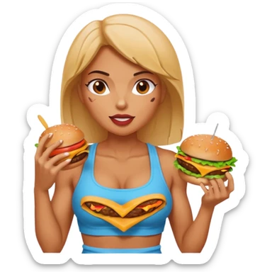 strong lean woman with visible strong abs eating a burger sticker