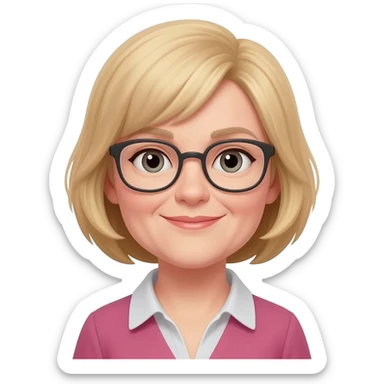 girl, 40 years old, blond sort hair, glasses sticker