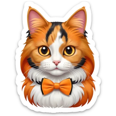A long-haired calico cat with a bow tie sticker