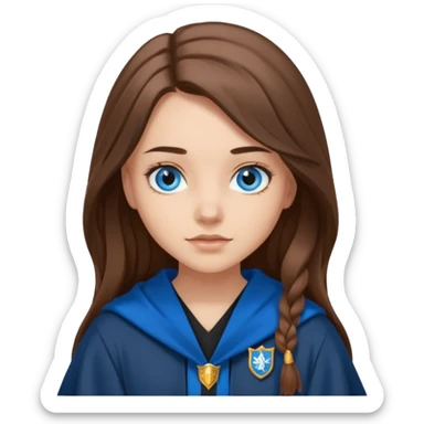 gorgeous Girl with light skin, blue eyes, long brown hair, wears ravenclaw black and blue robes  sticker