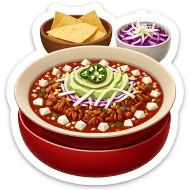 A delicious hot bowl of pozole rojo with sides next to the bowl in separate bowls each: chopped onions, shredded cabbage, lime wedges, red chile de arbol salsa, and full round tostadas sticker
