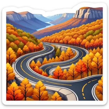 A winding asphalt road through the blue mountains and autumn colored trees sticker