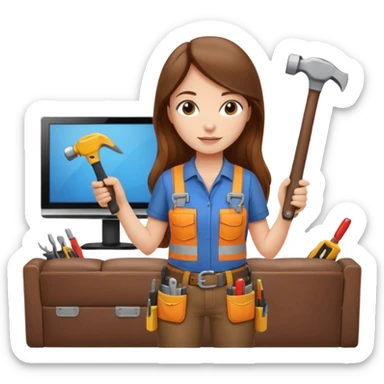 beautiful girl with long brown hair constructing new lounge room area with flat screen tv and couch sticker