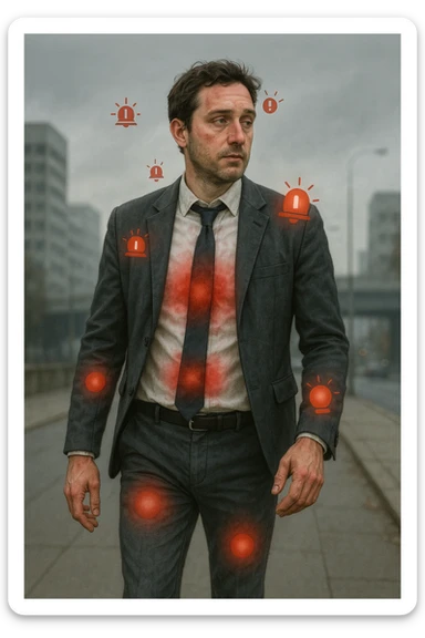 Uomo di circa 35 anni in giacca e cravatta, cammina deciso mentre il suo corpo invia segnali visibili: zone arrossate su addome, testa e articolazioni, occhi stanchi, pelle spenta. Intorno a lui appaiono simboli di allarme (come piccole icone rosse di dolore o stanchezza), ma lui guarda altrove con espressione indifferente o distratta. Sfondo urbano, giornata grigia, atmosfera di disconnessione mente-corpo. Stile realistico con accenti metaforici. sticker