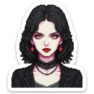 female face with black eyes, black hair at neck level, full red lips, pixel art, 16-bit style sticker