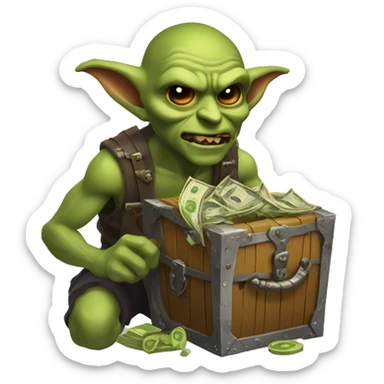 Loot goblin with dollar signs in eyes, with loot chest full of loot sticker