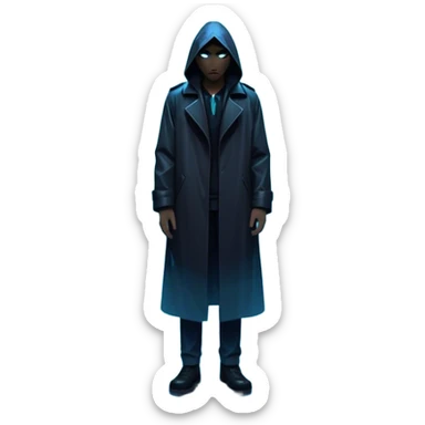 Movie Poster: A tense, gripping design with dramatic lighting. Include a mysterious figure in a dark coat standing in a rain-soaked alley, with glowing neon signs in the background. Shadows loom, and ominous shapes emerge from the mist. Suspenseful and cinematic atmosphere. Transparent background. sticker