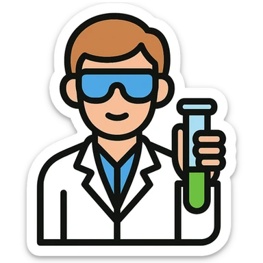 scientist icon with lab coat and test tube, clean and modern style sticker