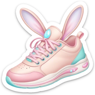 Cute Kawaii Shoe, small and bouncy, soft pastel sneakers with glowing highlights, cute sparkling eyes, a happy cheerful expression, laces tied like bunny ears! sticker