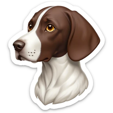 Cinematic Noble German Pointer Portrait Emoji, Poised and regal, with a lean, athletic build and a sleek, short coat in liver and white, deep-set soulful brown eyes, Simplified yet sharp and sophisticated features, highly detailed, glowing with a soft, dignified glow, high shine, intelligent and driven, stylized with an air of determination, focused and attentive, soft glowing outline, capturing the essence of a watchful and commanding hunter, so majestic it feels as though it could sprint out of the screen with effortless authority! sticker