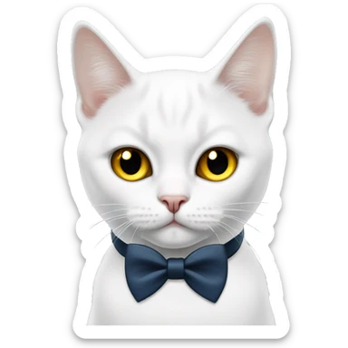 cute white british cat with one yellow eye and one blue eye with a black bow tie on his neck sticker
