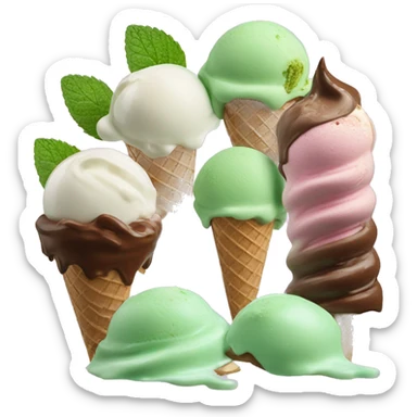 Pistachio ice cream, mint chocolate ice cream, and bubble gum ice cream scoops in a lavish display sticker