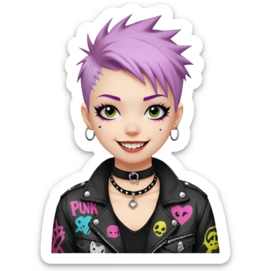 a punk girl with short dyed hair and wear a punk graffiti jacket with black choker grin playfully  sticker