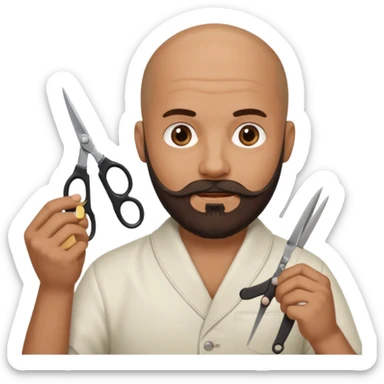 A bald man with a dark brown beard cutting someone’s hair eating poop sticker