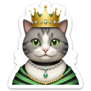 Gatito gris oscura con rayas negras ojos verdes vestida de reina con coronas y diamantes, más peluda y gordura  sticker