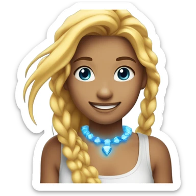 A cheerful teenage girl with long yellow hair, wearing a white sleeveless shirt and a glowing blue necklace while smiling sticker