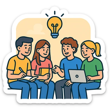four young students with notebook and laptop, exchanging ideas in a relaxed atmosphere, soft and welcoming background, vector drawing style sticker
