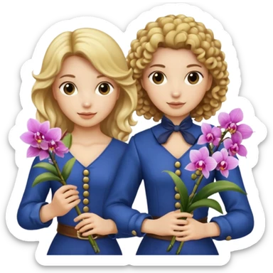 3 female musketeers, oneceith brown curly hair, one with straight blond hair, one eith blond hair on pony tail, all holding orchids sticker