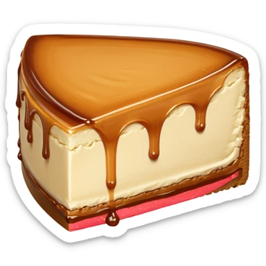 a slice of cheesecake. The base is made of light brown biscuit; the first layer of filling is caramelized dulce de leche, and the upper layer is creamy, light beige, and has a smooth texture. On top, there is a caramelized dulce de leche topping dripping down the center of the slice sticker