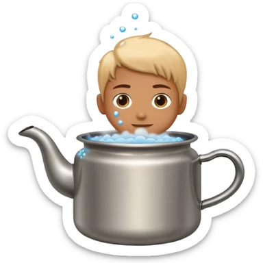 small metal pot filled with boiling water on a stove, visible hot steam and rising bubbles, realistic heat effect, shiny pot surface, bright lighting, clean white background sticker