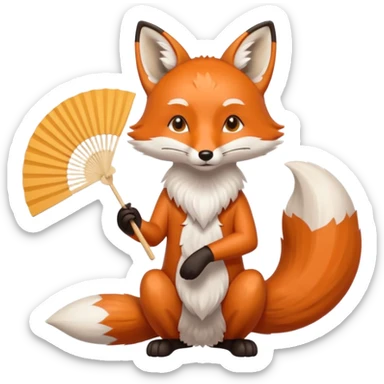 A fox holding a folding fan elegantly, tail curled with graceful calm. sticker