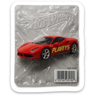 red Ferrari car with the word 'PLAVLEYS' in racing style lettering on the side, inside a Hot Wheels blister package, glossy and puffy, vacuum-sealed style sticker