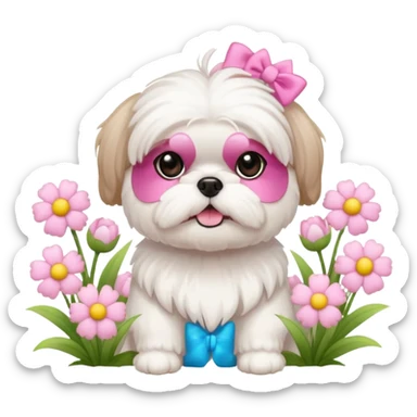 CUTE ALL WHITE SHIH TZU WEARING PINK WITH SPRING FLOWERS sticker