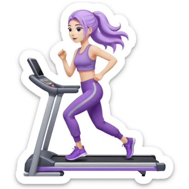 Девушка белокожая на беговой дорожке, с длинными светло-лиловыми волосами, в лиловом топе, в серых спортивных штанах, с черными ресницами sticker