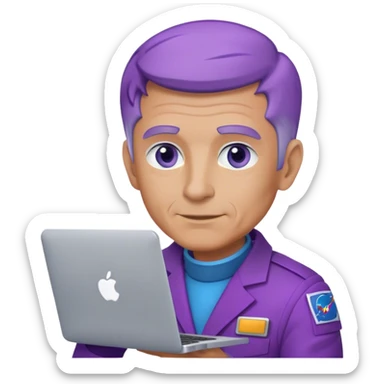 older dude astronaut with purple suit, blue eyes, short purple hair and one macbook sticker