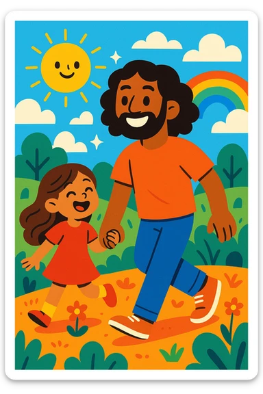 A dad with brown skin and shoulder-length curly black hair, holding hands with a young girl with light brown skin and long wavy brown hair, both cheerful, modern illustration style sticker