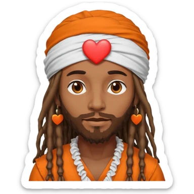 Brownskin man with long dreadlocks orange shirt add white ruffled turban with heart eyes sticker
