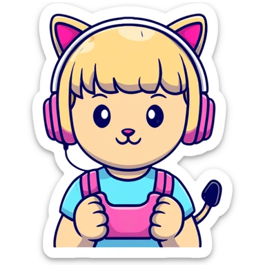 sassy blond girl with short bangs and pink kitty-ear headset sticker