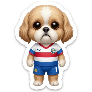 white and light brown shih zhu wearing a Paraguay soccer jersey v neck 2026 work cup sticker
