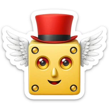 yellow lucky block, with 2 red question marks for the pupils inside the eyes, wings, and a red top hat, and has the :3 face  sticker