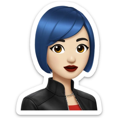 Dani Kim A Korean-white woman with short blue asymmetric bobbed hair, rounded heart-shaped face, red lipstick, black eyeliner and mascara wings, and black choker collar, earings,  light freckles, asian features, leather jacket and band t-shirt sticker