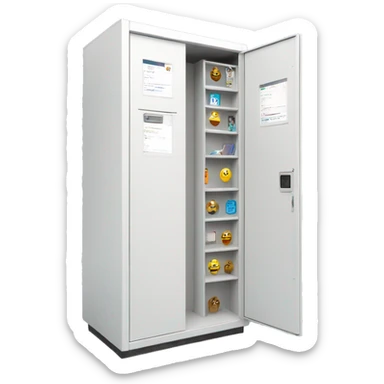 smart package locker, white, with screen, compartments, front view sticker