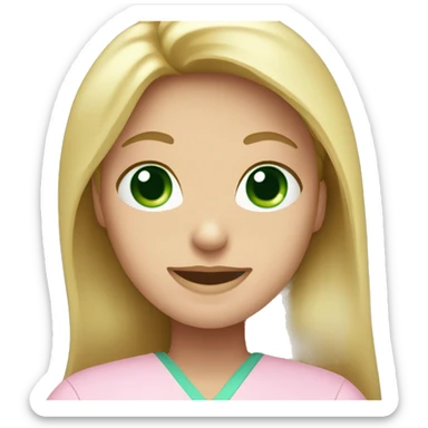 Woman dentist with long blonde hair and green eyes wearing pink scrubs sticker