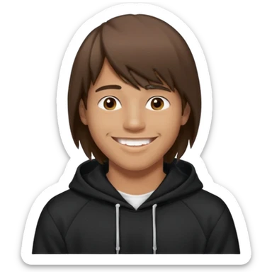 20 yr old man, brown hair, straight, big smile, white teeth, tanned skin, bangs, black hooded sweatshirt, long hair in back, middle parted bangs sticker