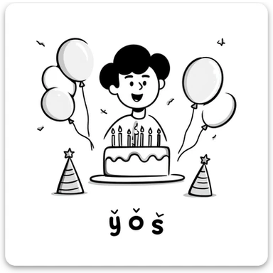 A cute little boy smiling with a birthday cake with candles and birthday decorations like balloons and party hats. At the bottom write in Persian text: "امیدرضاجان تولدت مبارک" sticker