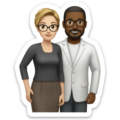 Mixed race couple, white wife with dark brown hair and glasses and honey-brown eyes, black husband with goat tee and glasses sticker