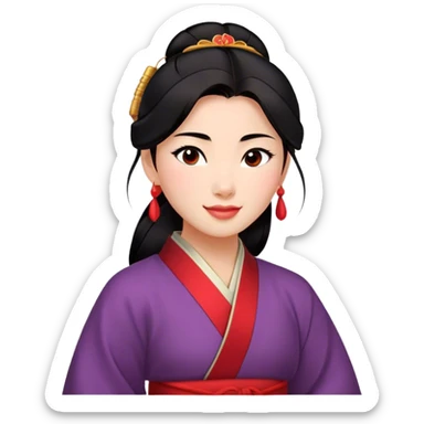 Cinematic Radiant Mulan Portrait Emoji, rendered in a realistic, vector-style with clean proportions. Show Mulan with a soft, confident smile, warm skin, and expressive eyes, her dark hair styled simply, and dressed in traditional clothing with understated red accents. The image radiates a gentle, luminous glow and high shine, accentuated by a soft glowing outline. sticker