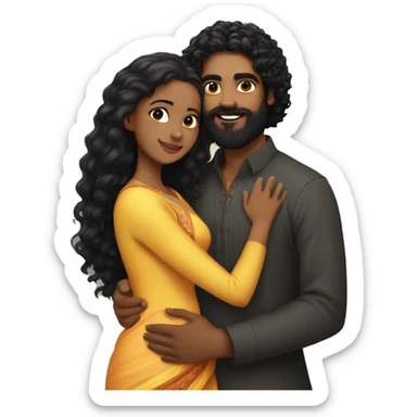 Light skin;Black long hair girl  in a saree hugging with a man with black beard and curly hair on top sticker