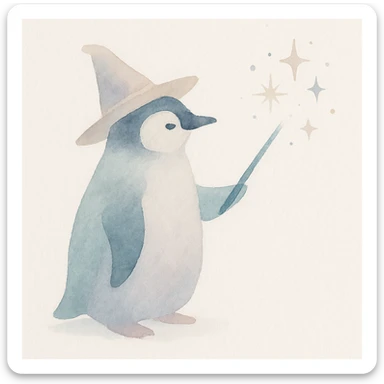 a penguin wizard casting a spell, surrounded by sparkles, soft painterly style sticker